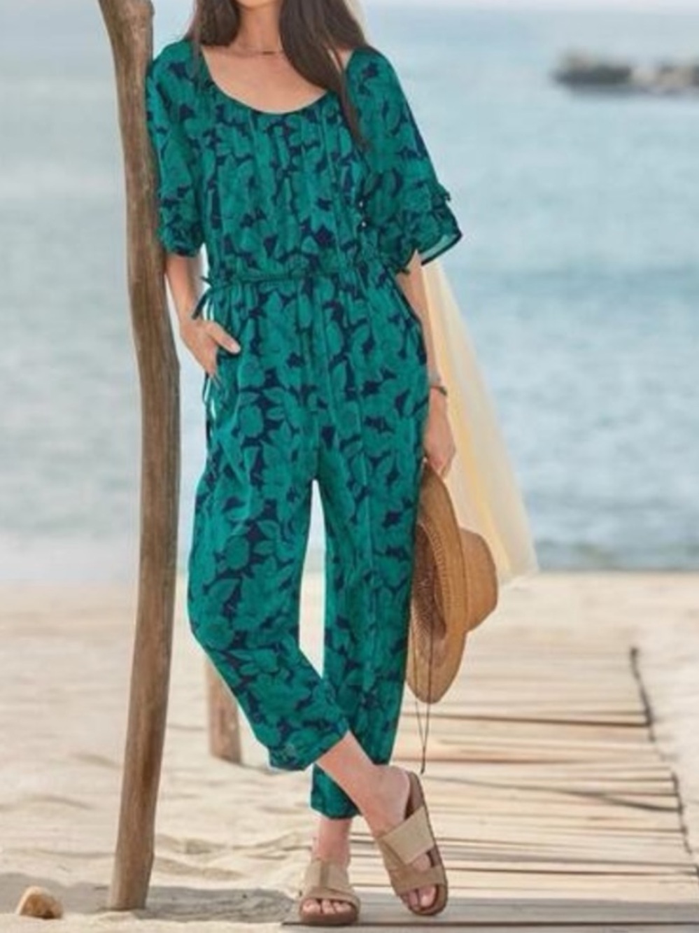 Sundance Grand Bays Jumpsuit Navy Blue Teal Floral bohemian Large